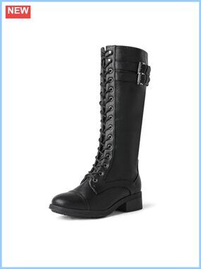 Faux Leather Knee High Combat Boots Lace Up Buckle Zip Riding